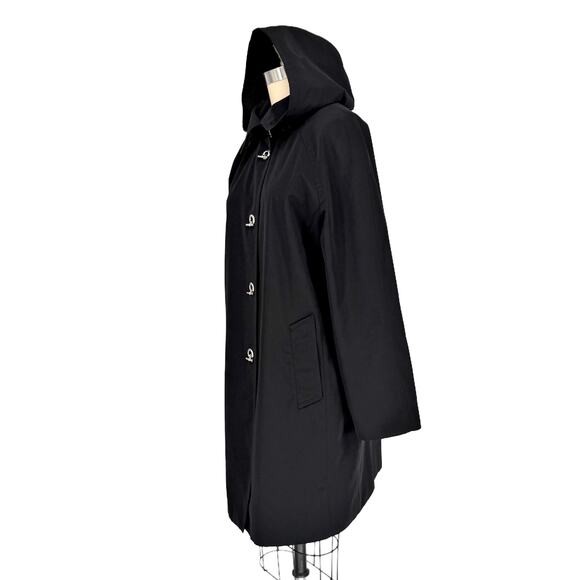 London Fog Water Resistant Hooded Trench Coat size Large Black Raincoat - Picture 3 of 11
